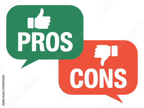 Two speech bubbles show contrasting pros and cons with thumbs up and thumbs down icons.