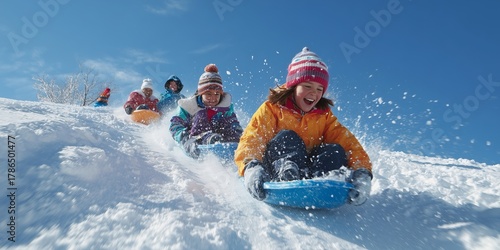 Cheerful child in winter clothes speeds down a snowy hill on a sled, spraying fresh snow. Pure joy and winter fun.