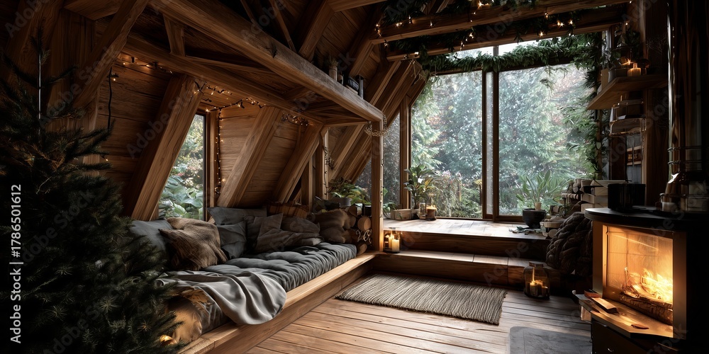 Naklejka premium Cozy wooden cabin interior with fire in the stove, Christmas tree and large window to forest. Serene retreat in winter nature with warmth and calm.