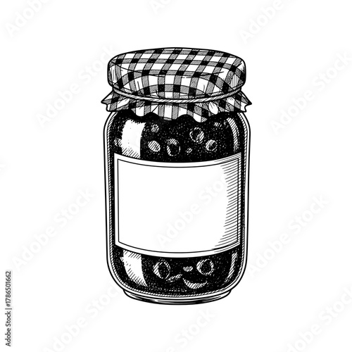 Glass jar of jam with checkered lid and blank label  