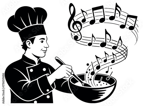 A chef stirs a bowl while musical notes swirl above the steam, suggesting culinary harmony.