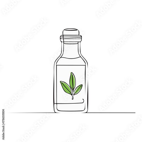 Single line drawing of a glass bottle with leaves inside and a cork stopper