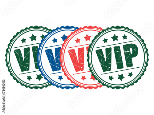 Four circular VIP stamps in green, blue, and red stand in a row.