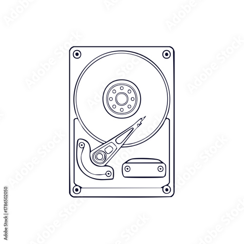 Line Art Illustration of an Open Hard Disk Drive Components