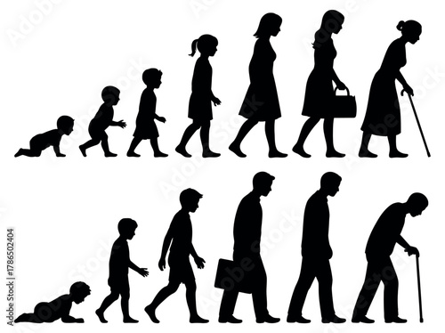 Silhouettes of people progressing through different stages of life, from infancy to old age.