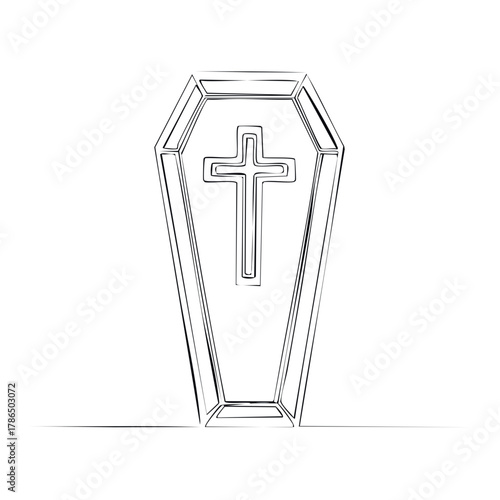 Single line drawing of a coffin with a cross emblem on white background