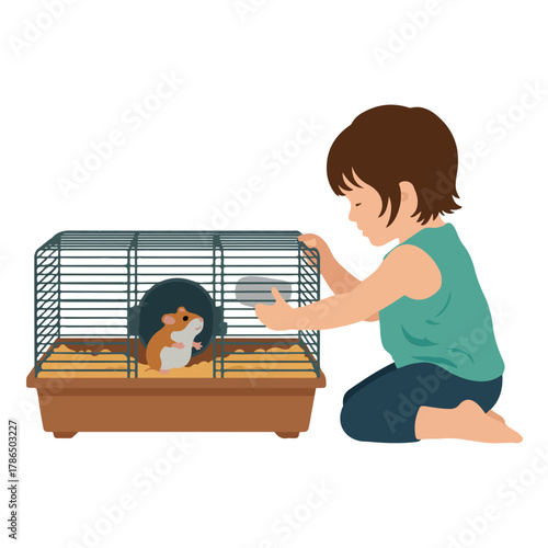 Girl feeding guinea pig in cage