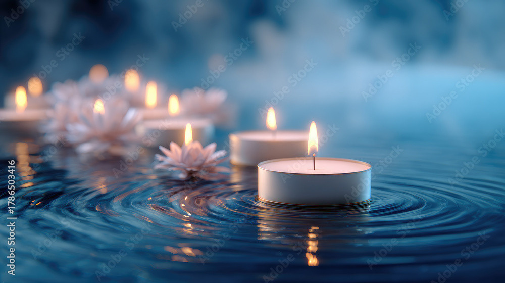 Fototapeta premium Floating candles in gentle mist — abstract scene of meditation and inner peace
