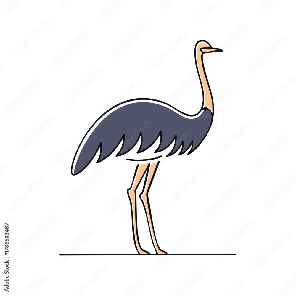 Fototapeta premium Stylized single line drawing of an ostrich standing tall with its long neck curved and legs extended