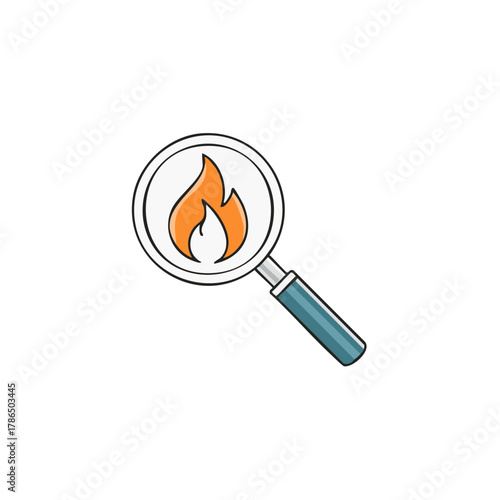 Magnifying glass with flame symbol, search and fire, heat, finding information.