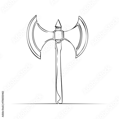 Simple line art drawing of a double-bladed battle axe with a triangular point above the blades