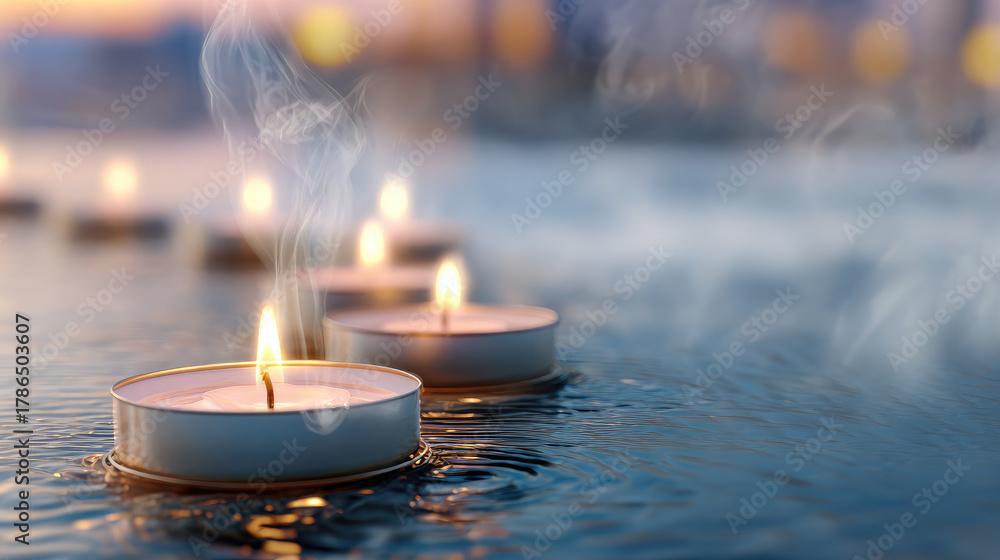 Fototapeta premium Floating candles in gentle mist — abstract scene of meditation and inner peace