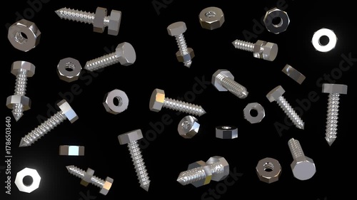 The seamless loop animation of some direction screws and nuts rotate as individual origins on dark black background created by 3D modeling.