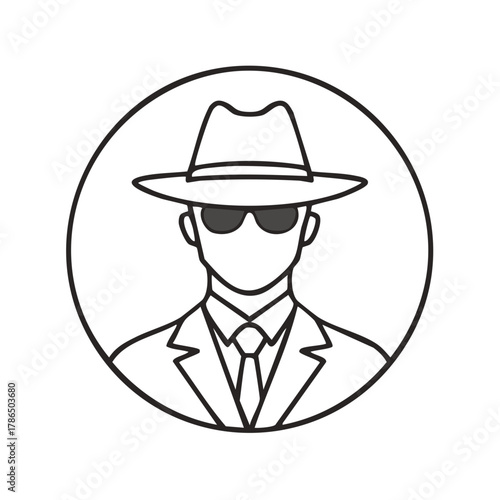 Anonymous man wearing a fedora and sunglasses in a suit depicted as a circular icon