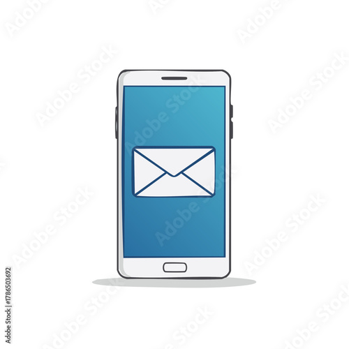 Hand-drawn smartphone displays email icon on blue screen with minimalist design