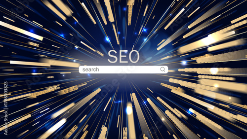 Dynamic SEO search bar with SEO text and question mark, surrounded by golden rays and blue energy bursts on a dark backdrop, evoking digital optimization power.