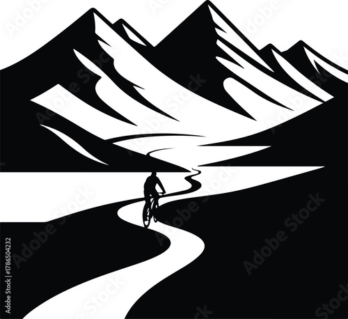 Mountain biker silhouette on winding path with majestic peaks in background, representing adventure and outdoor challenge