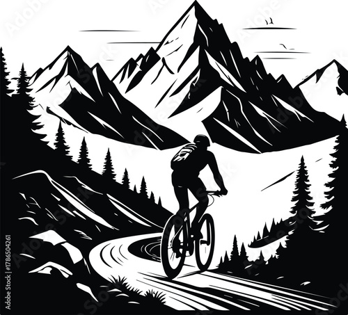 Mountain biker silhouette riding on a scenic trail with towering peaks and pine forests in the background adventure sports