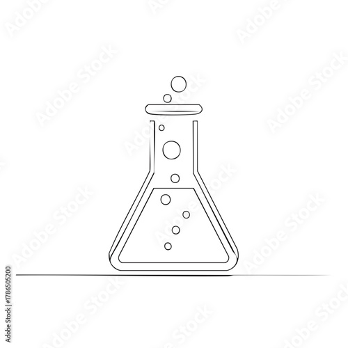 Simple Line Art of a Science Flask with Bubbles and Liquid