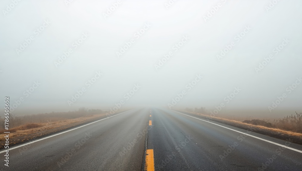 Naklejka premium Empty Asphalt. A Journey Into the Grey, Cold Depths of a Misty Landscape, Somewhere Far.