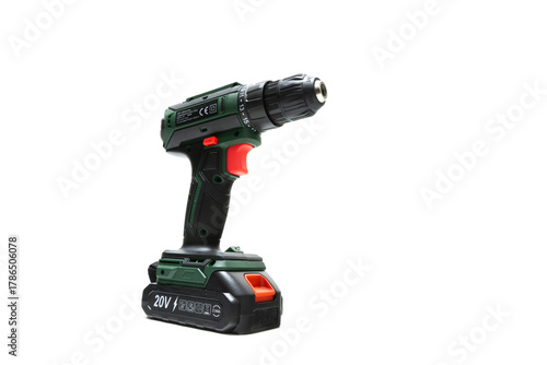 20V Lithium-ion cordless electric drill/driver for home improvement, DIY, and professional carpentry work, on white background. Portable, modern power tool for construction and repair projects.