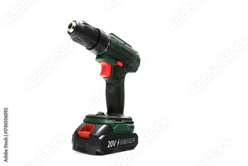 20V Lithium-ion cordless electric drill/driver for home improvement, DIY, and professional carpentry work, on white background. Portable, modern power tool for construction and repair projects.