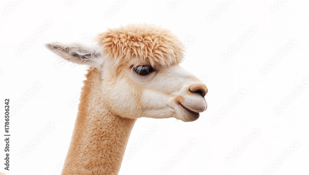 Obraz premium Fluffy Head, Long Neck. A Profile of Light Fur and Gentle Gaze on a White Backdrop.