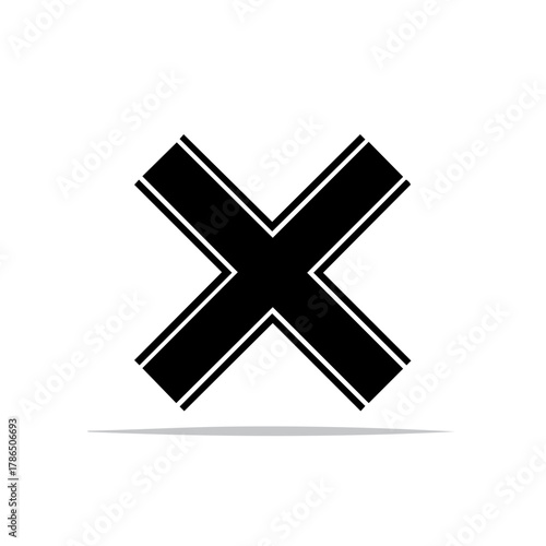 Simple black cross symbol with white outline casting a shadow on white background