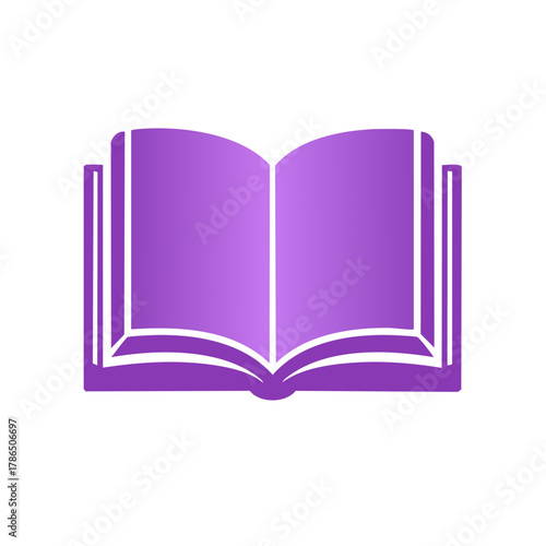 Open book graphic illustration with purple pages and white outline