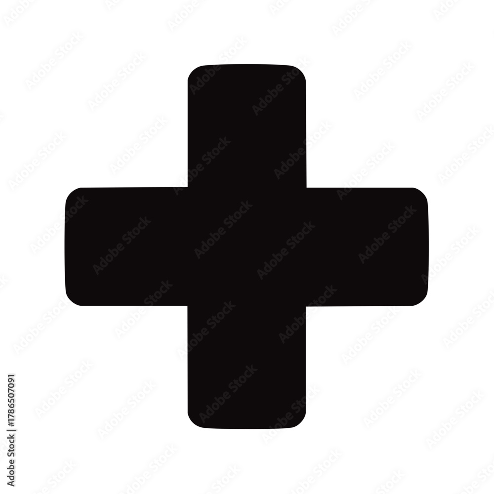 Fototapeta premium Solid black plus sign symbol with rounded corners, isolated on white