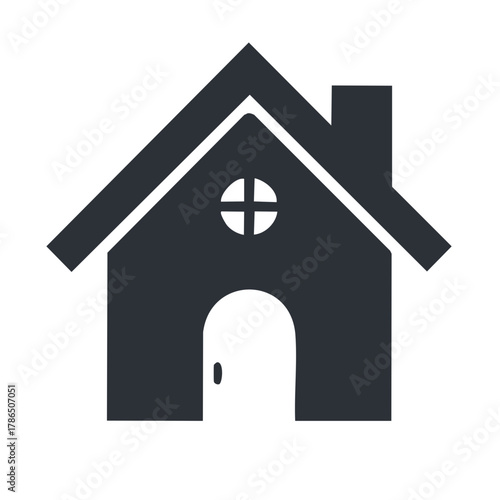 Simple house icon in dark gray with window, chimney, and door representing home.