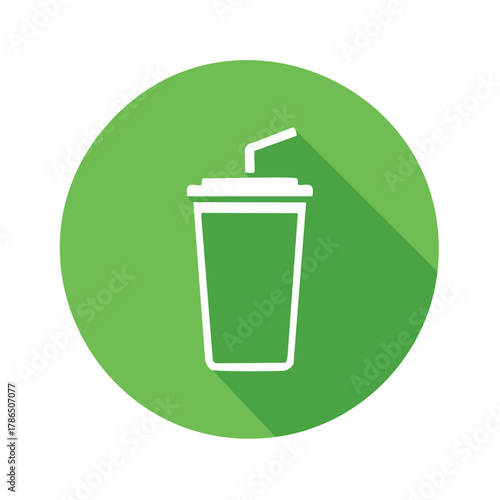 Soda cup icon in a green circle. Vector illustration of a drink with a straw.