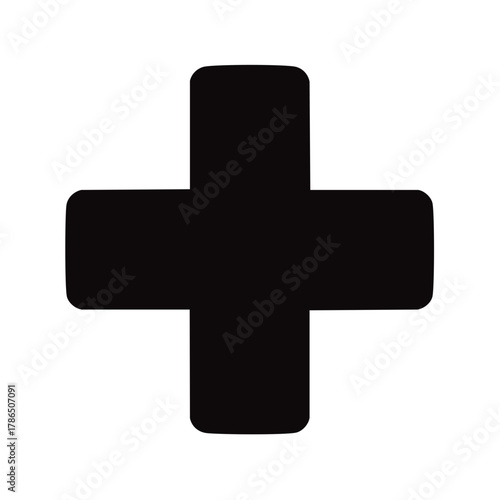 Solid black plus sign symbol with rounded corners, isolated on white