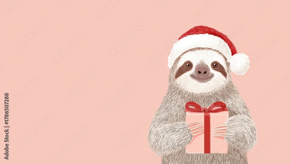 Obraz premium a cute, happy Sloth wearing a santa claus hat and holding a gift box, isolated on a pastel pink background