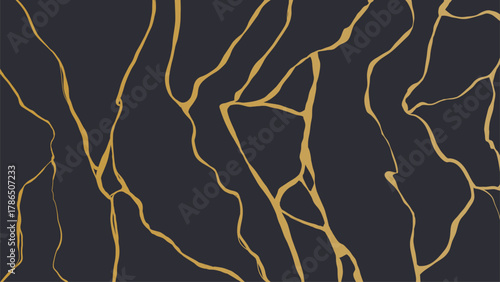 Gold luxury kintsugi crack poster. Japanese art of repairing broken pottery. Vector illustration horizontal backdrop poster background with intertwine graceful veins. gold broken seams