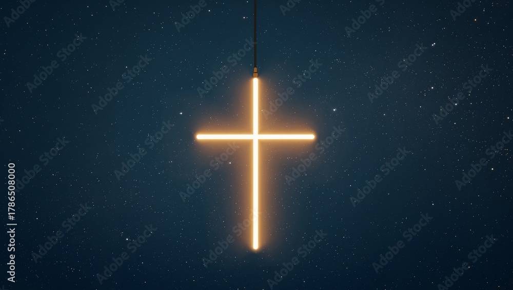 Fototapeta premium Neon Cross Against Starry Night. An Abstract Glow in the Dark Blue Cosmos.