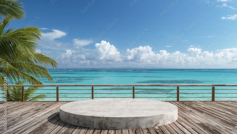 Fototapeta premium Oceanic Vista with Wooden Platform and Tropical Foliage, A Serene Scene.