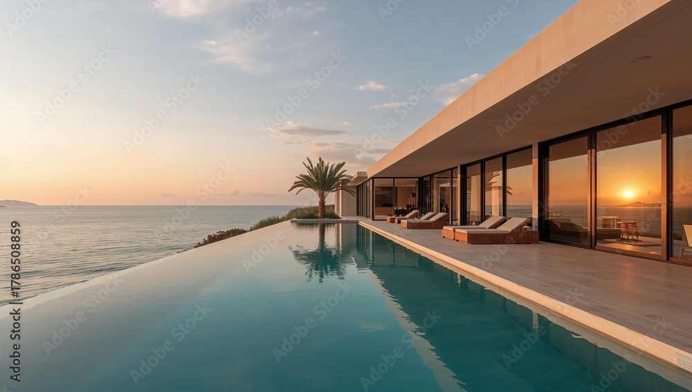 Fototapeta premium Serene Coastline Villa, Embracing the Horizon with Reflections of Sunset Colors.