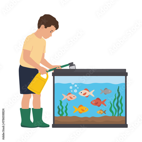 Young boy cleaning fish tank
