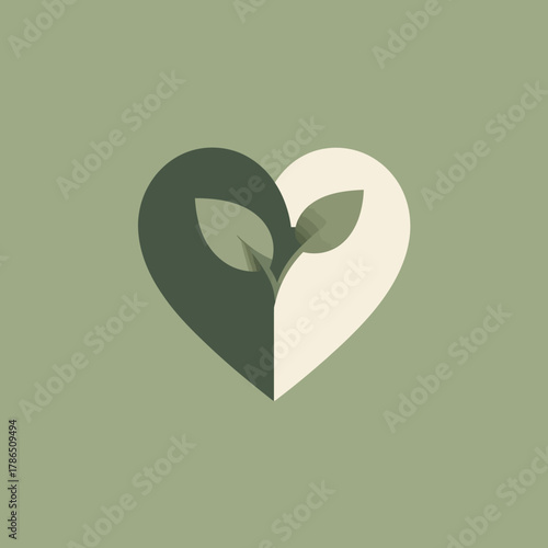 Minimalist graphic icon of a heart intertwined with vibrant green leaves, symbolizing a nurturing love for nature, ecological balance, and sustainable growth within a serene environment