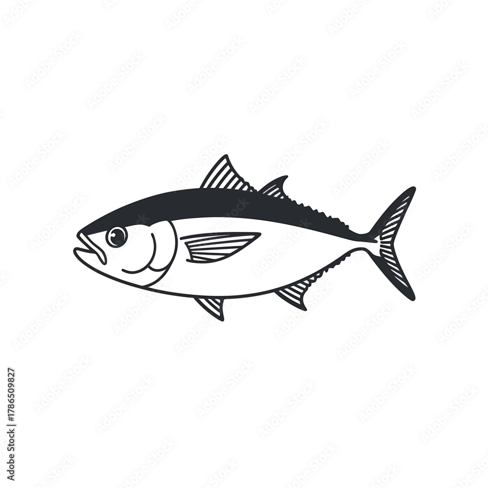 Fototapeta premium Simple hand-drawn illustration of a sleek tuna fish in minimalist black and white style, ideal for seafood branding, fishing emblems, or aquatic designs