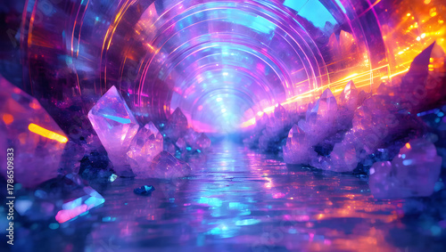The title Crystal Pathway fits well with the images theme, featuring glowing crystals and a tunnel-like structure illuminated in neon lights.