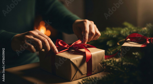 Cozy, atmospheric close-up of hands tying a red satin ribbon on a Christmas gift by a warm fireplace. A heartfelt moment of holiday preparation, giving, and festive tradition in a dimly lit room.