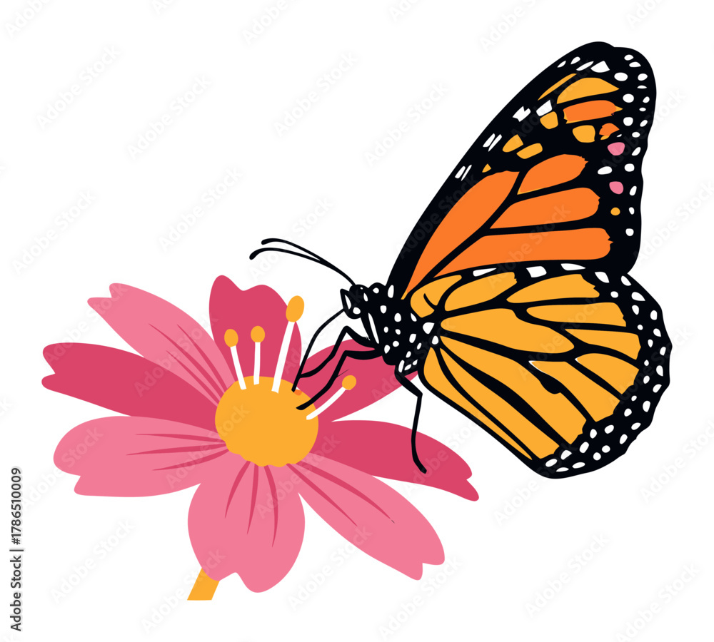 Naklejka premium Minimalist Butterfly on Flower Vector Illustration - Clean Flat Design for Nature Concepts