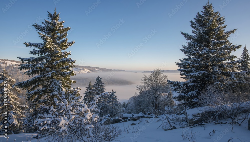 Fototapeta premium Whispers of Winter. Evergreen Sentinels Amidst a Frozen Dreamscape, A Peaceful Scene.