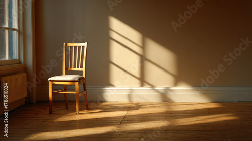 Empty chair by window — sun...