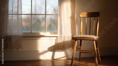 Empty chair by window — sun...