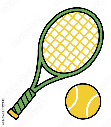 Simple Vector Tennis Racket and Ball Icon, Flat Design, Sport Illustration