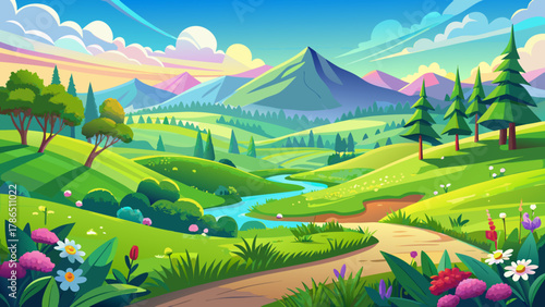 Very beautiful green spring panorama landscape featuring fresh vibrant meadows, soft rolling hills, bright sunlight, and a realistic serene nature scene filled with miraculous seasonal colors.