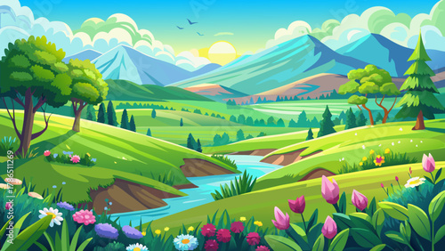 Very beautiful green spring panorama landscape featuring fresh vibrant meadows, soft rolling hills, bright sunlight, and a realistic serene nature scene filled with miraculous seasonal colors.